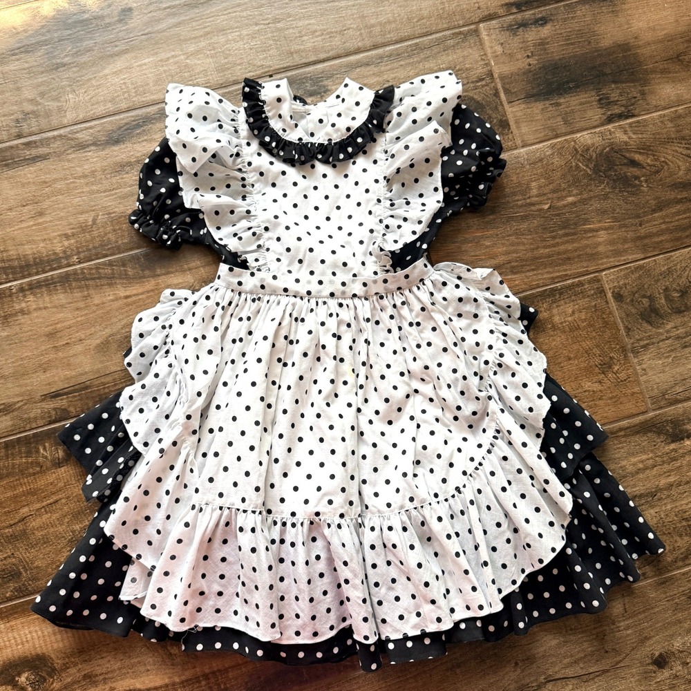 Lilo California VTG Girls Polka Dot Ruffle Tiered Pinafore Dress,Black White,8